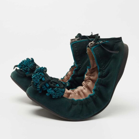 Miu Miu Dark Green Suede Fringe Bow Scrunch Ballet Flats Size 38